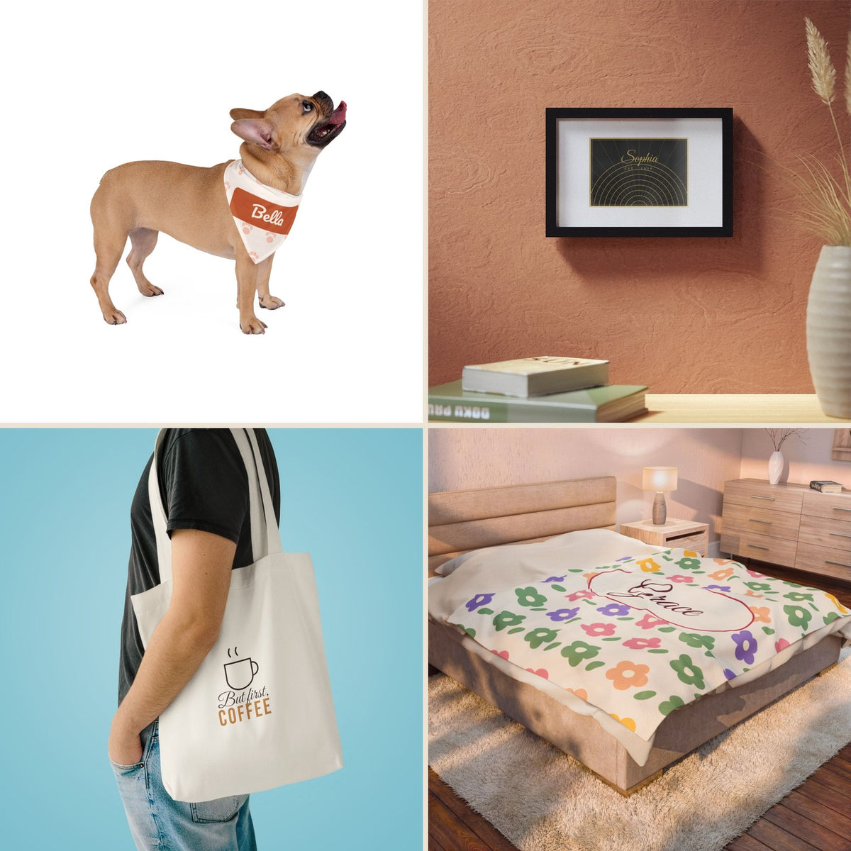 Personalised gifts: pet bandana, framed print, tote bag and blanket