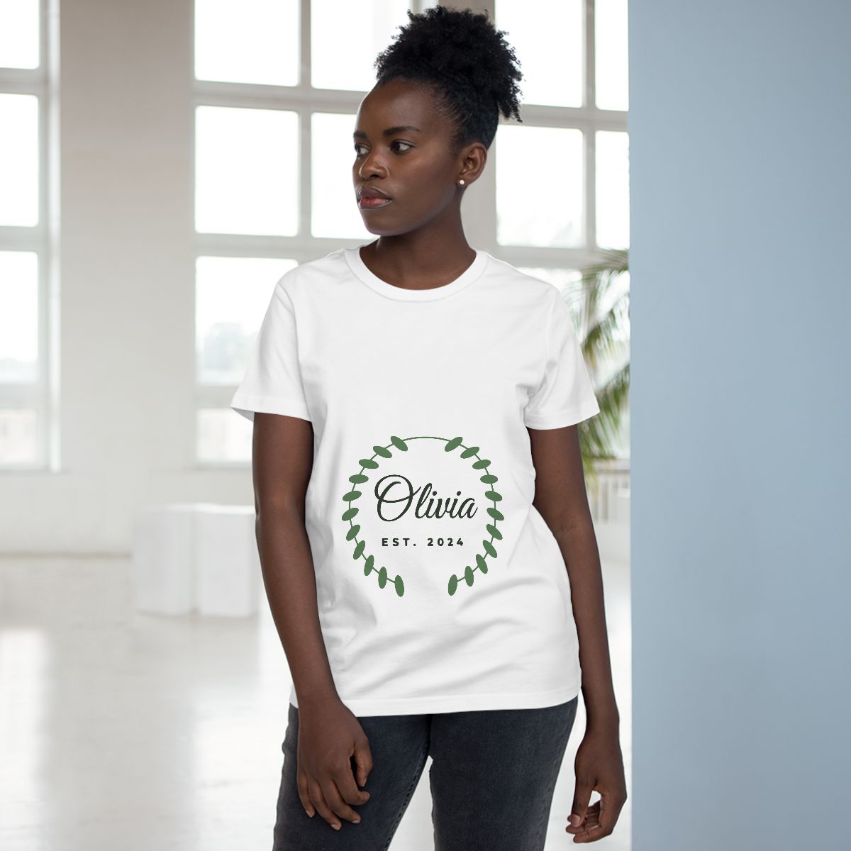 Women's Maple Tee – botanical name design in White example, lifestyle