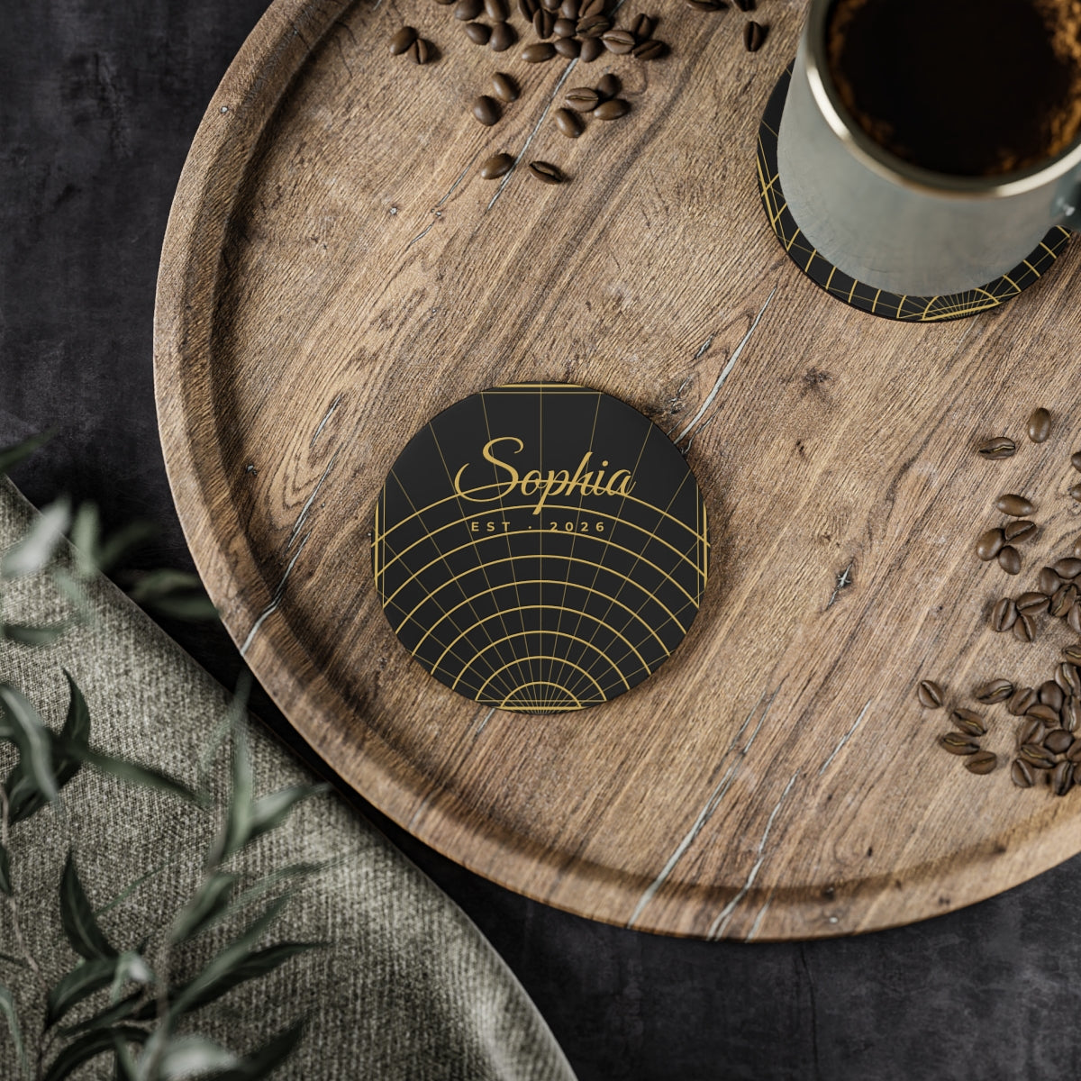 Coasters – Art Deco gold design example, lifestyle