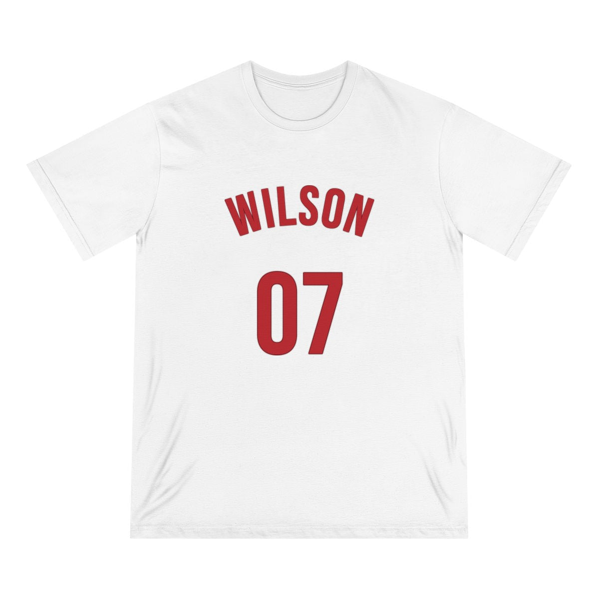Organic Staple T-shirt – varsity name & number in White example