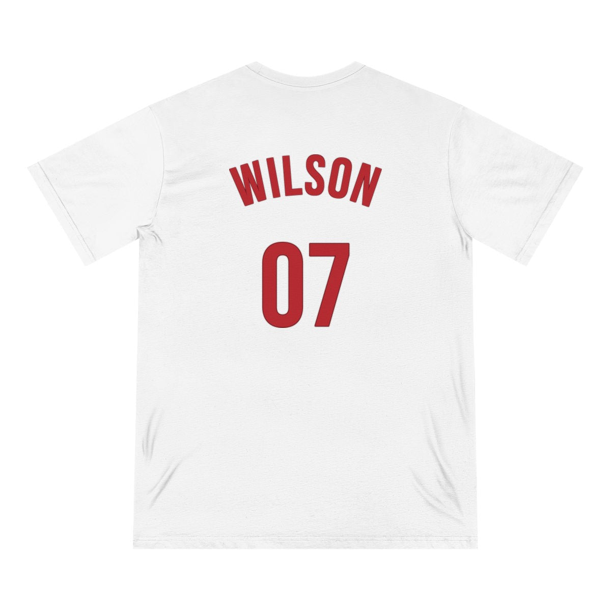 Organic Staple T-shirt – varsity name & number in White example, back personalised
