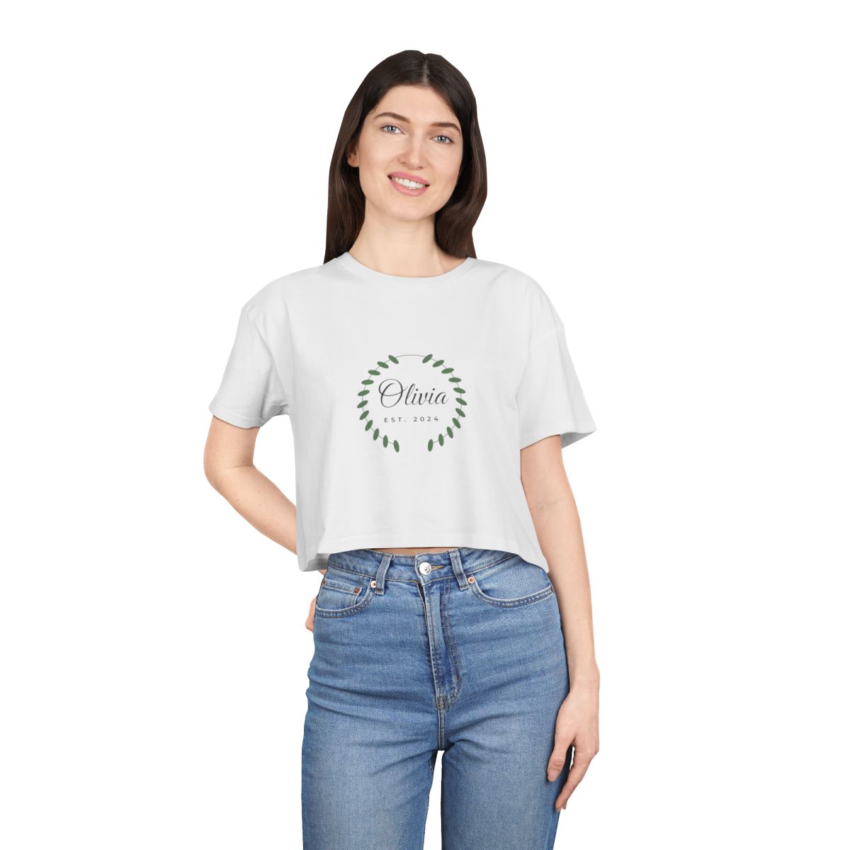 Women's Crop Tee – botanical name design in White example, lifestyle