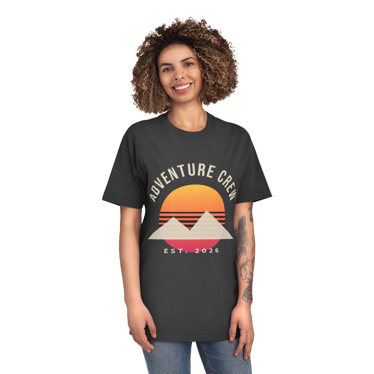 Unisex Faded Shirt – Adventure Crew design in Faded Black example, lifestyle
