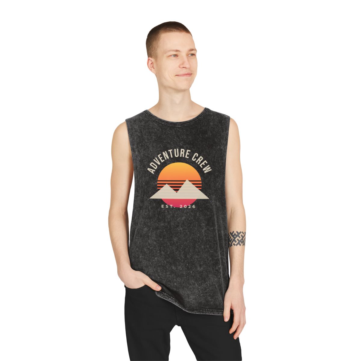 Unisex Stonewash Tank Top – Adventure Crew design in Black Stone example, lifestyle