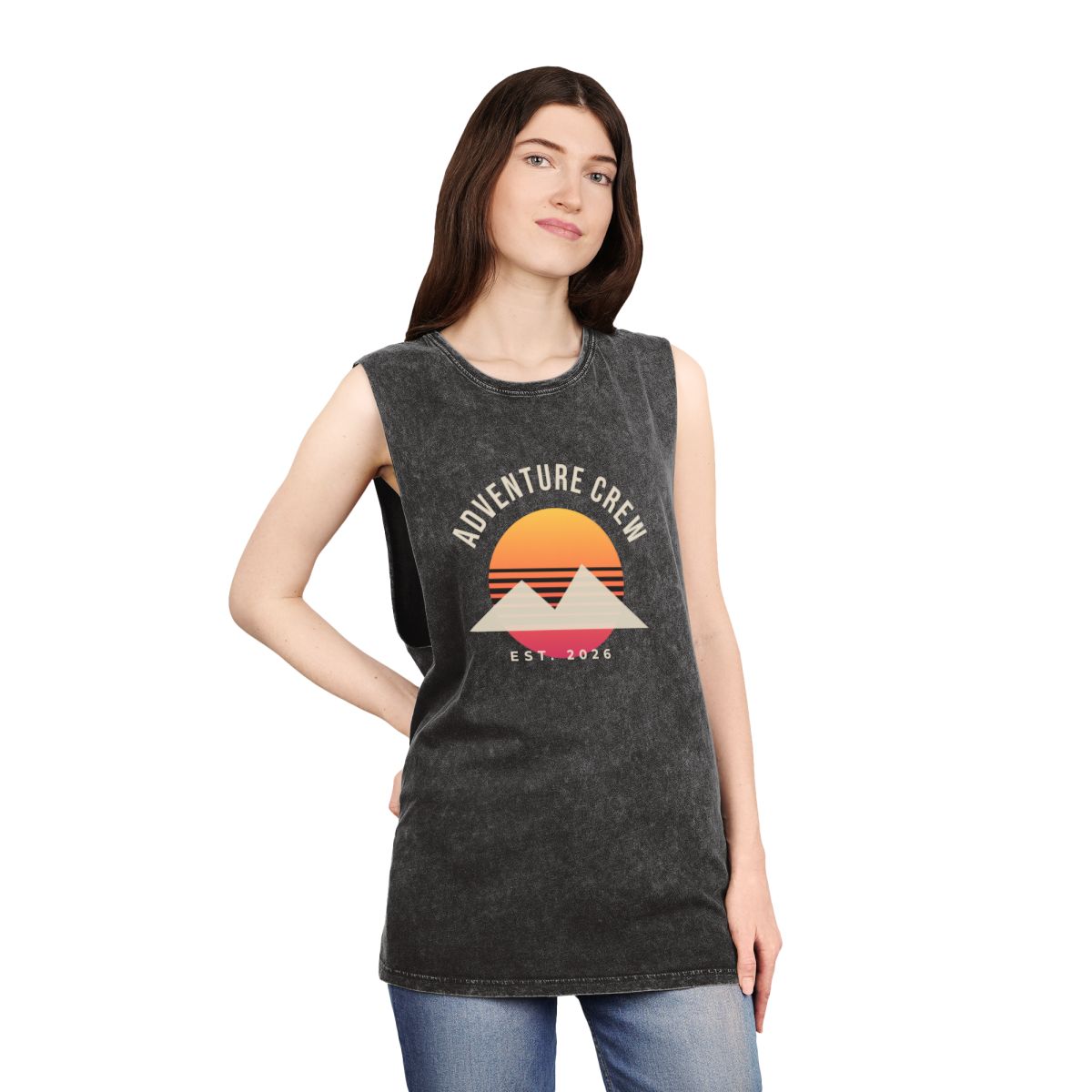 Unisex Stonewash Tank Top – Adventure Crew design in Black Stone example, lifestyle