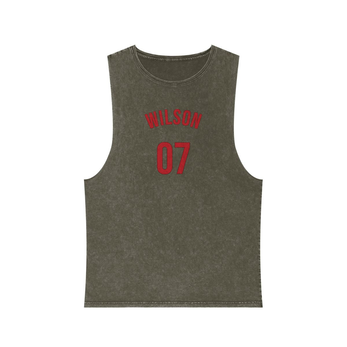 Unisex Stonewash Tank Top – varsity name & number in Moss Stone example