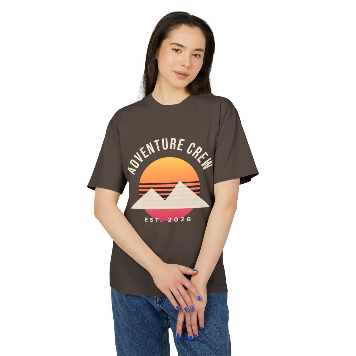 Unisex Heavy Faded Tee – Adventure Crew design in Faded Brown example, lifestyle